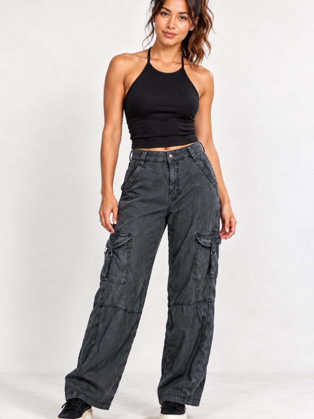 American Eagle Outfitters Charcoal High Rise Baggy Wide Leg Cargo Pants